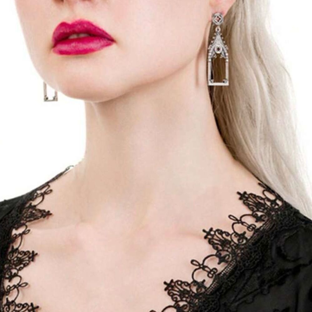 Gothic Church Steeple Earrings Antique Silver Tone, Engraved details, Elegant - Picture 4 of 5